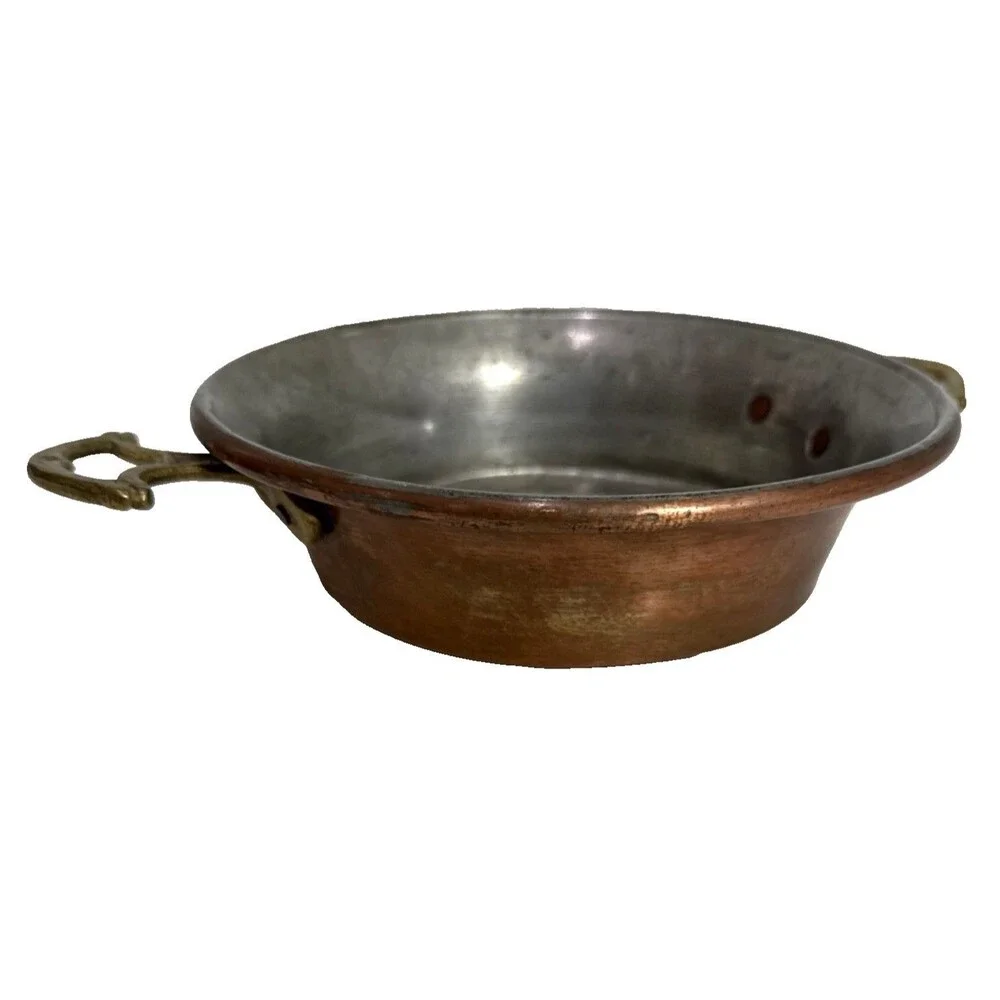 Antique French Copper Brass Handled Egg Poacher Escargot Pan 5 Hole